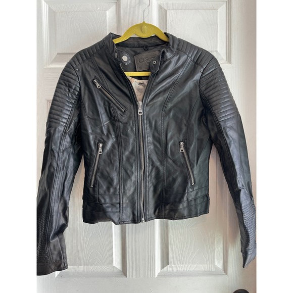 Gi Sono Black Faux Leather Moto Biker Jacket Quilted Accents Zippers Pockets - Picture 1 of 13